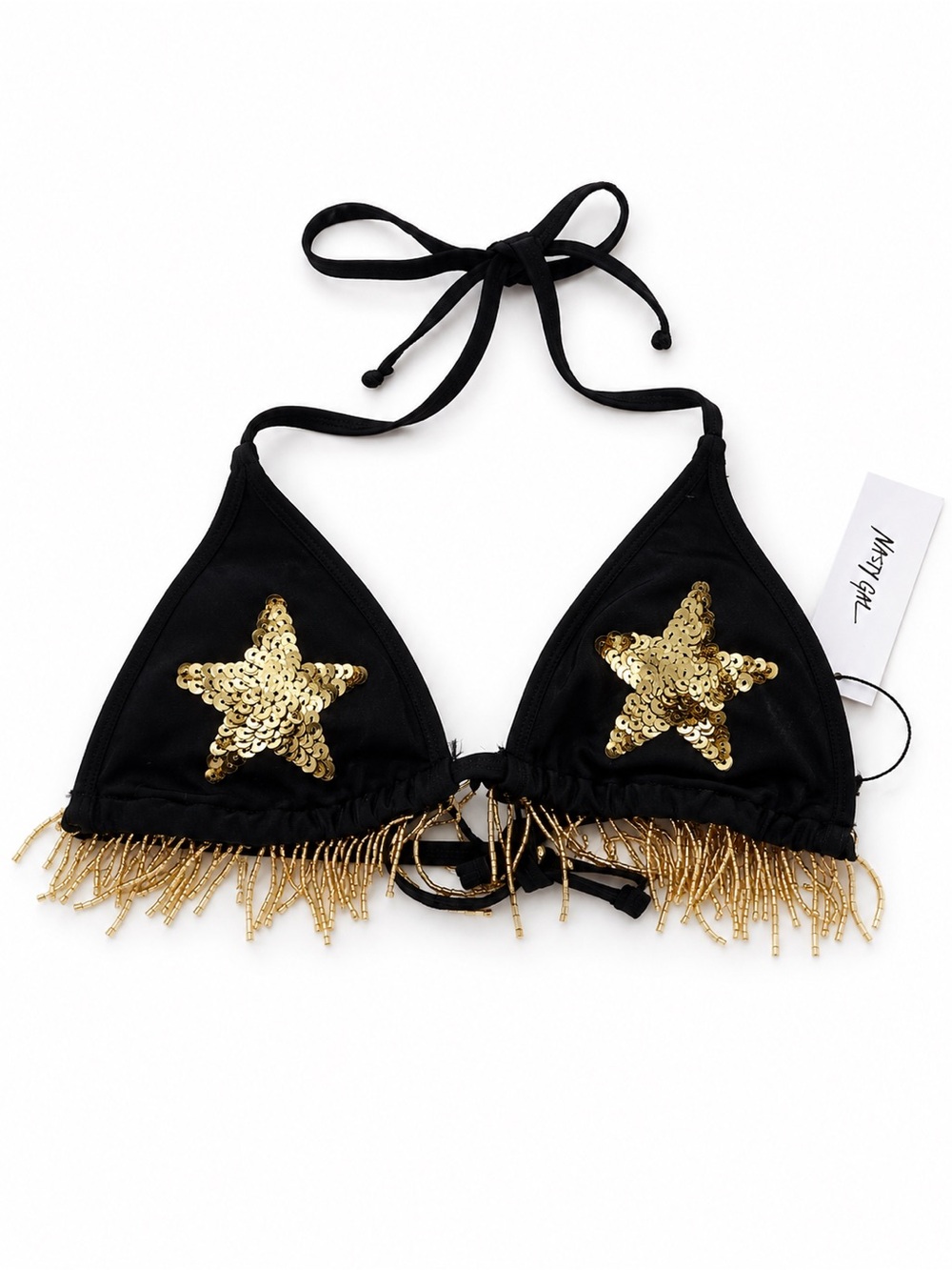 Nasty Gal Black Bikini Top with Gold Sequin Fringe